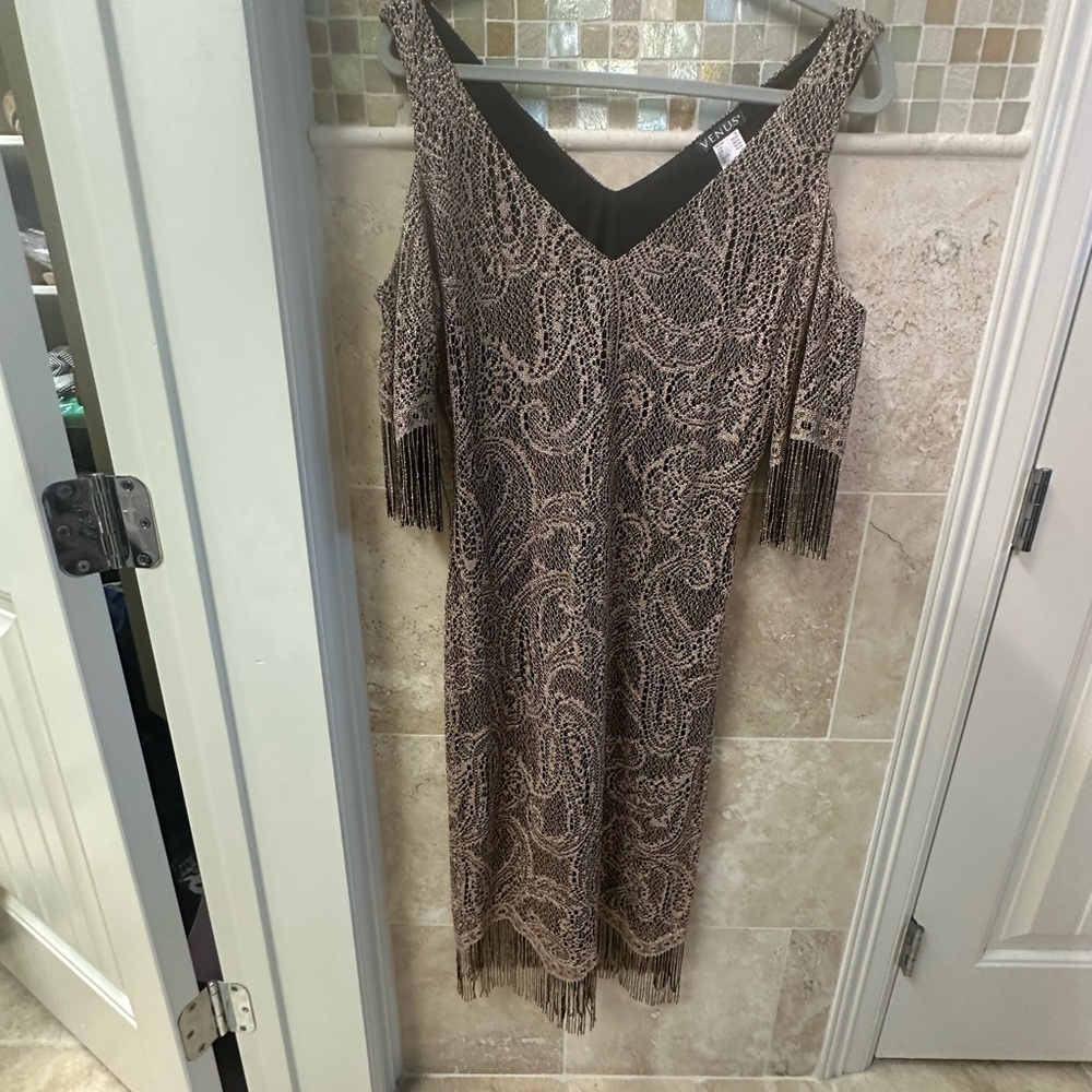 Gold fringe open shoulder dress size M